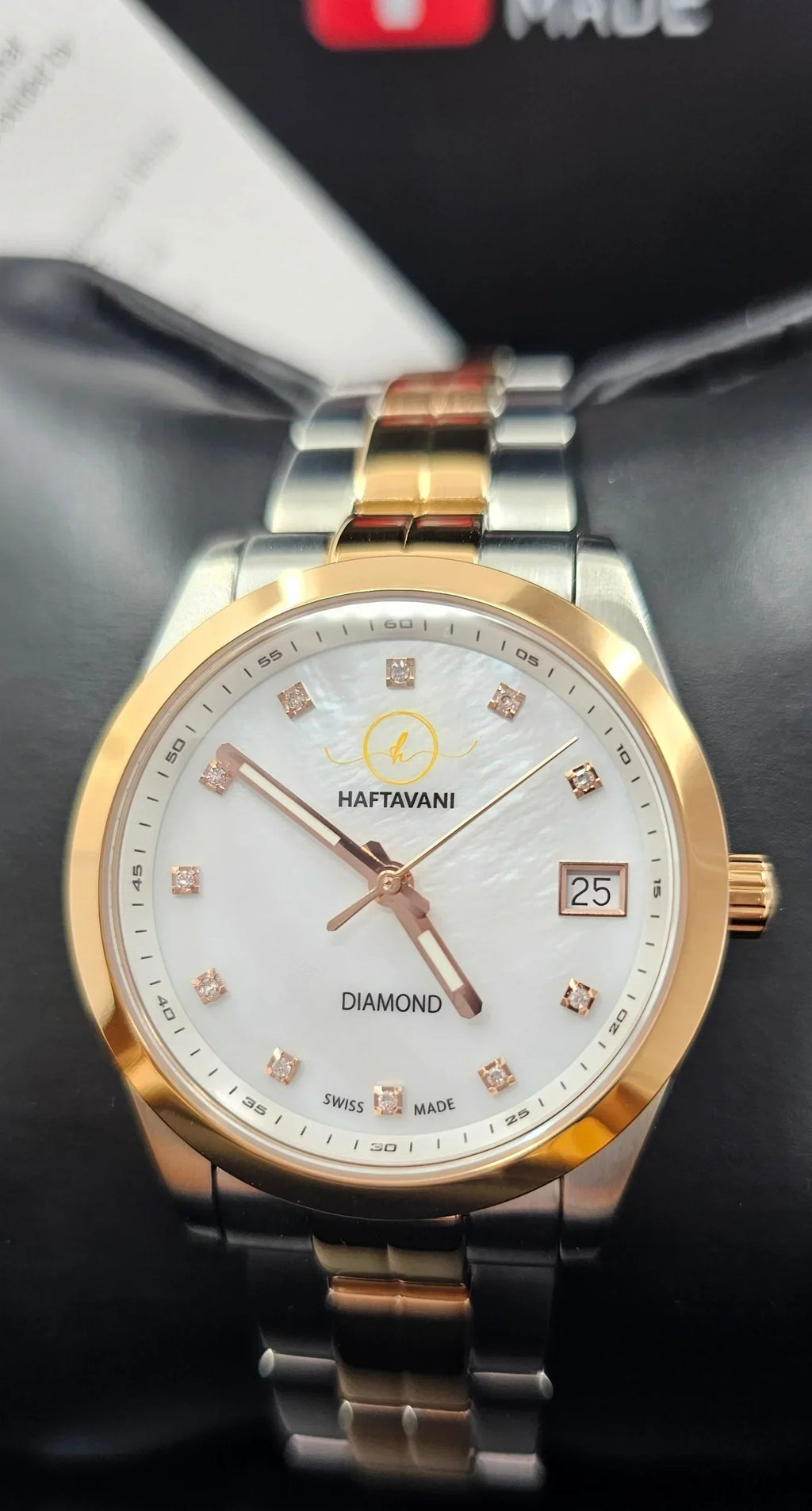 Haftavani – Diamond Queen Bicolour Silver-Rose Gold Stainless Steel Lady Watch -100M Waterproof Quartz - Swiss Made - Marble Face With Genuine Diamonds