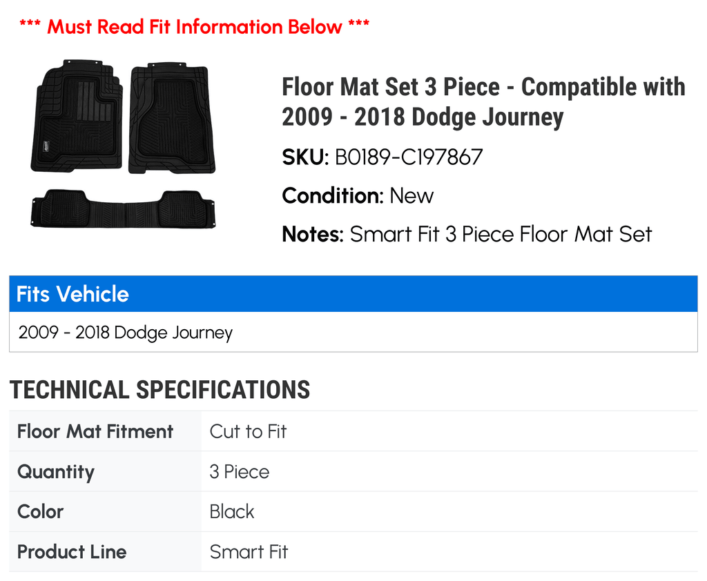 Floor Mat Set 3 Piece - suitable with 2009 - 2018 Dodge Journey 2010 2011 2012 2013 2014 2015 2016 2017