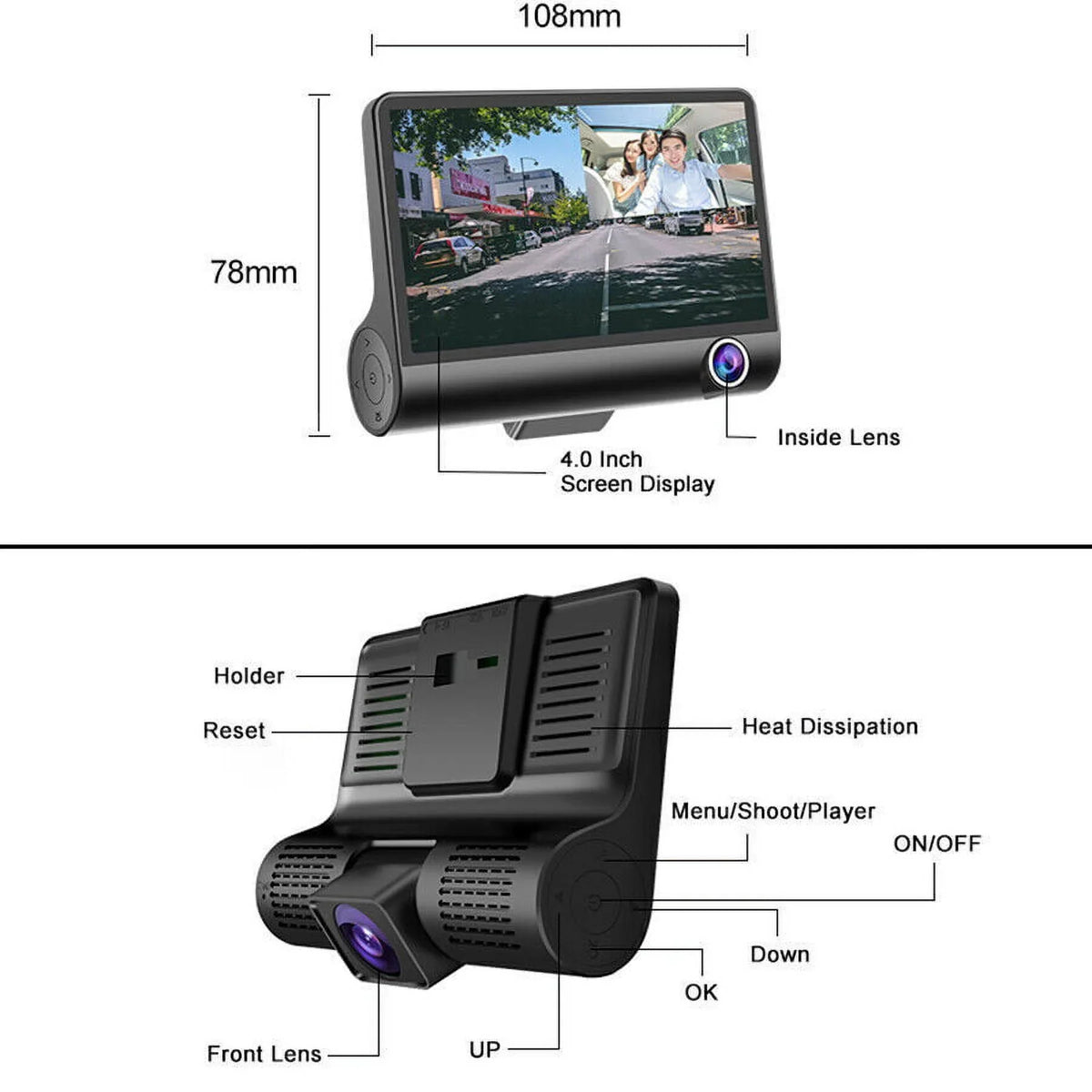 Xhy Car Dual Lens Dash Cam 1080P 4" HD DVR Front/Rear/Built-In Video Camera Driving Recorder G-Sensor, Motion Detection and Parking Monitoring