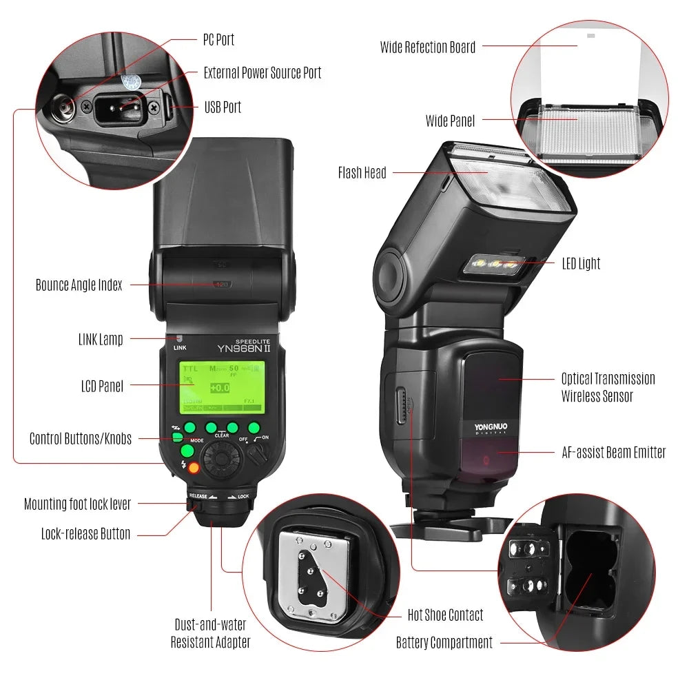 YONGNUO YN968N II Wireless TTL Speedlite Flash with Built-in 5600K LED Light - 1/8000s HSS for  DSLR Cameras, matching with YN622N YN560 Wireless System
