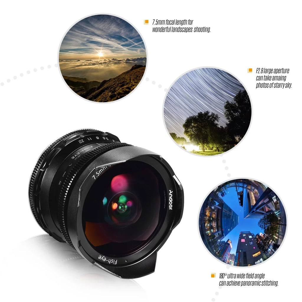 Andoer Camera lens,Fisheye Lens 180° Wide Aperture Lens matching With Wide Aperture E-mount Camera A6600 A6100 With Aps-c Frame Camera A6600 7.5mm F2.8 Manual A6500 A6300 A6000 Lens 180° Wide