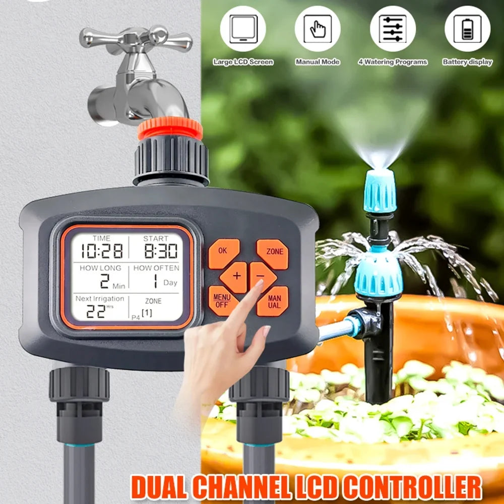 moisture Timer for Garden Hose Smart Sprinkler Timer 2 Outlets Large LCD Screen Programmable Irrigation Timer for Yard Lawn Automatic/Manual Watering Timer