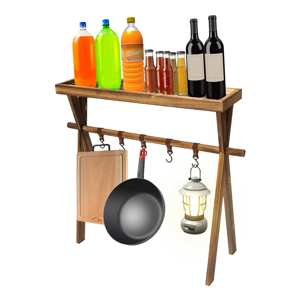 Miumaeov Wooden Portable Picnic Rack Outdoor Grill Rack Storage Table Shelf for Picnic, Camping, BBQ