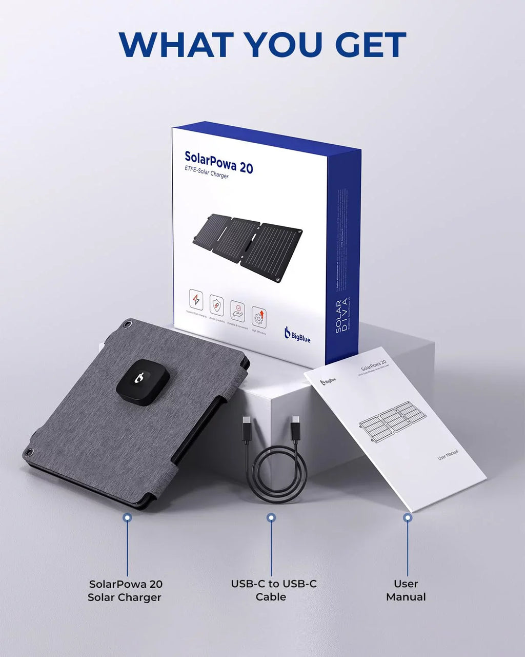 BigBlue 20W ETFE Solar Charger (5V/4A Max) with Kickstand, SolarPowa 20 Portable Solar Panel Charger with USB-A and USB-C, IP65 Waterproof, suitable with iPhone, iPad, ,  etc.