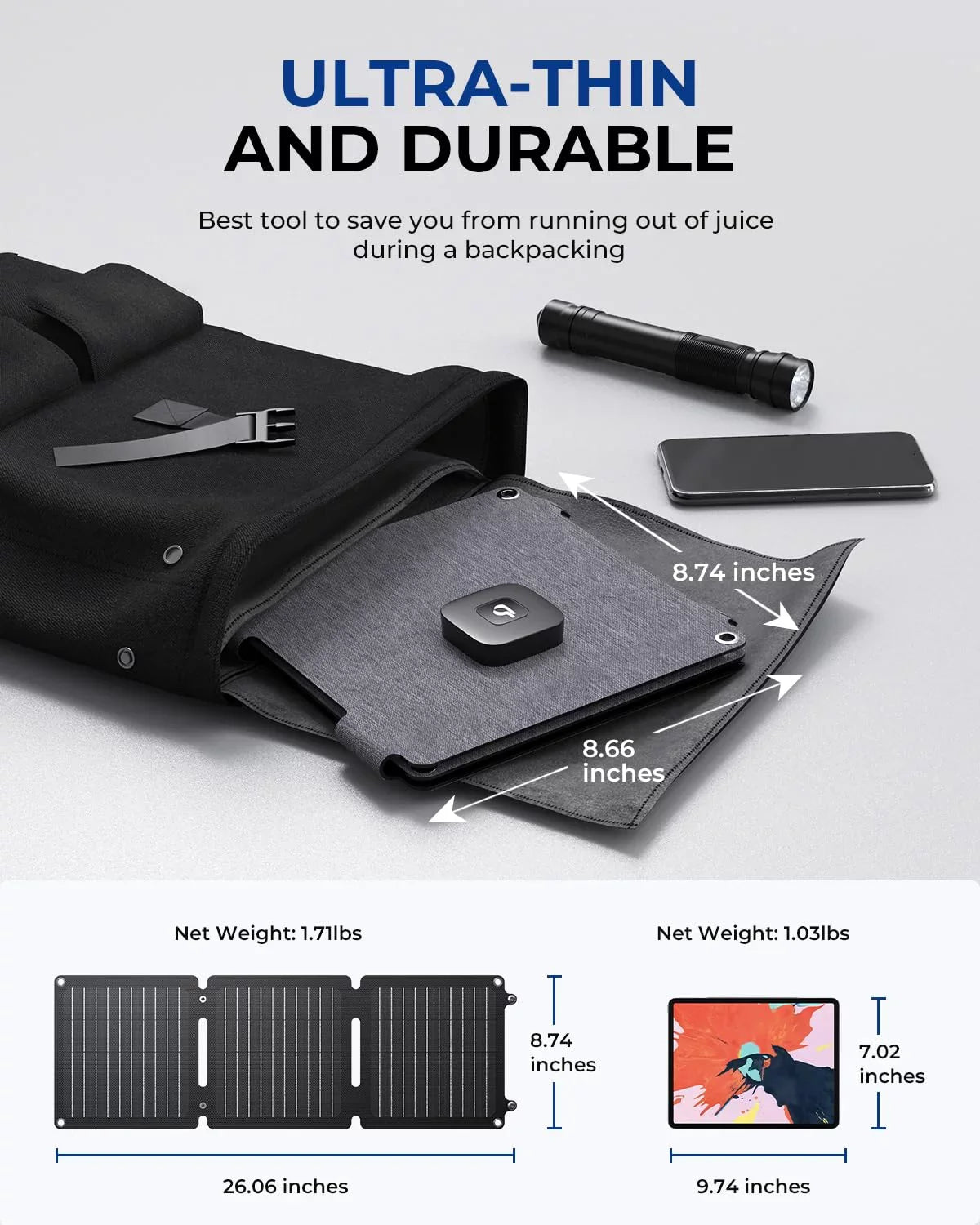 BigBlue 20W ETFE Solar Charger (5V/4A Max) with Kickstand, SolarPowa 20 Portable Solar Panel Charger with USB-A and USB-C, IP65 Waterproof, suitable with iPhone, iPad, ,  etc.