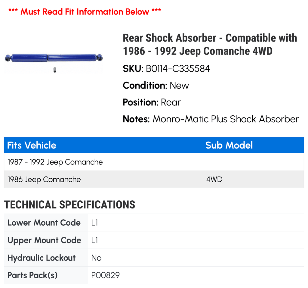 Rear Shock Absorber - suitable with 1986 - 1992 Jeep Comanche 4WD 1987 1988 1989 1990 1991