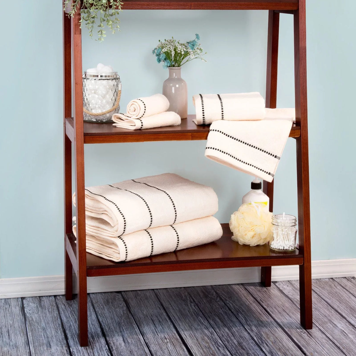 Trademark Global  Luxury Cotton Towel Set- Quick Dry Zero Twist & Soft Set, Bone & Black - 6 Piece