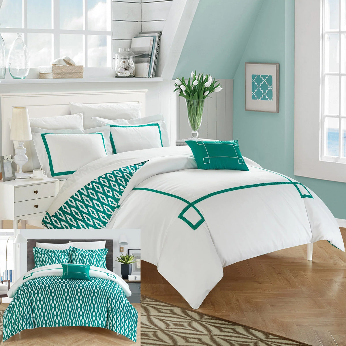 Chic Home 4 Piece Kendall Contemporary Greek Key Embroidered Reversible King Duvet wrap Set Aqua Shams and Decorative Pillows Included