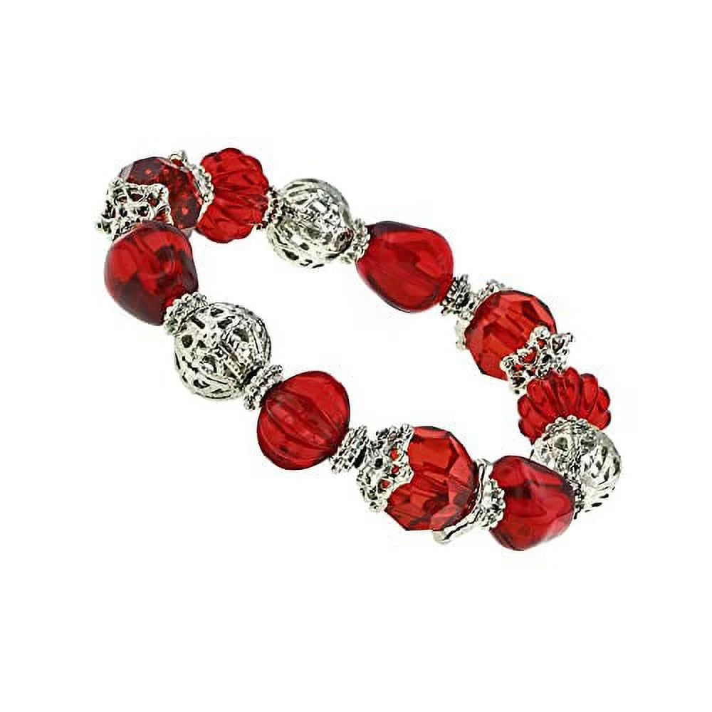 1928 Jewelry Siam Red Multi Beaded Round Filigree Ball Stretch Bracelet