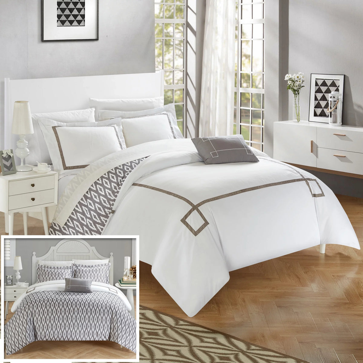 Chic Home 4 Piece Kendall Contemporary Greek Key Embroidered Reversible King Duvet wrap Set Aqua Shams and Decorative Pillows Included