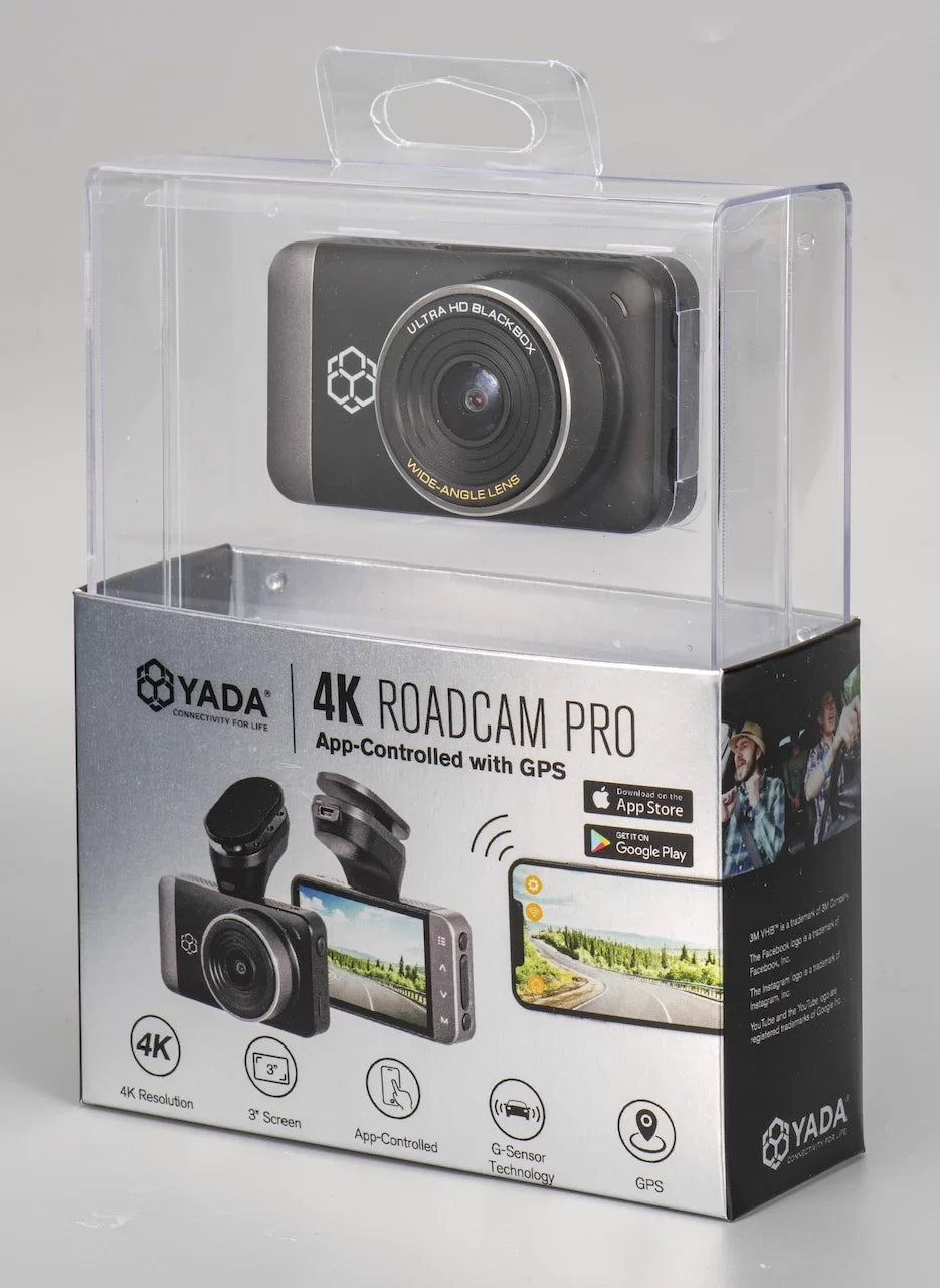 G-Sensor Technology with Park and Record Mode. Yada 4K Roadcam Pro GPS with App, 150 Degree Wide Angle Lense, 3" LCD Screen, UHD Resolution High Dynamic Range for Day/Night
