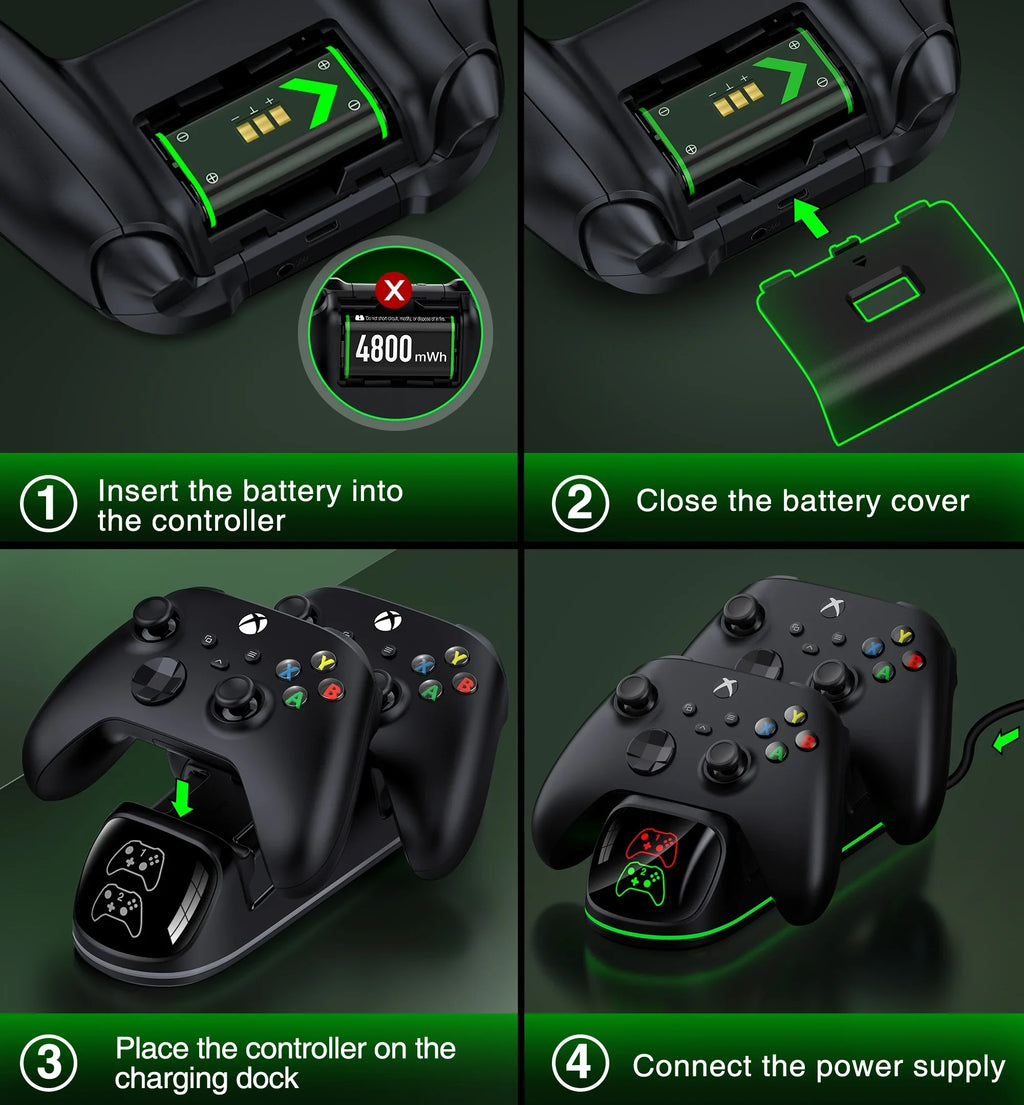 DinoFire Xbox Controller Charging Station with 2x4800mWh Rechargeable Battery Packs, Xbox Series X Controller Charger for Xbox Series X|S/Xbox one/Elite