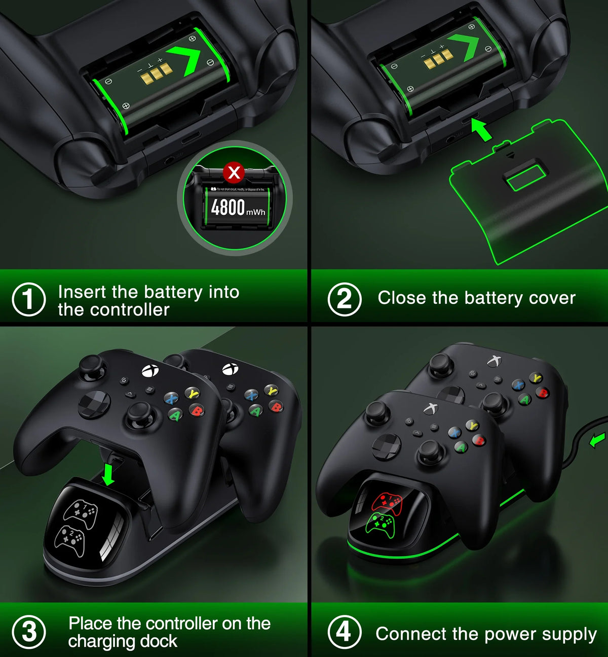 DinoFire Xbox Controller Charging Station with 2x4800mWh Rechargeable Battery Packs, Xbox Series X Controller Charger for Xbox Series X|S/Xbox one/Elite
