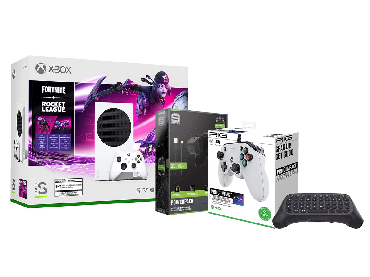 Xbox Series S Console Fortnite Rocket League with White PRO Compact Controller, Charge Cable/Battery and Wireless Controller Keypad