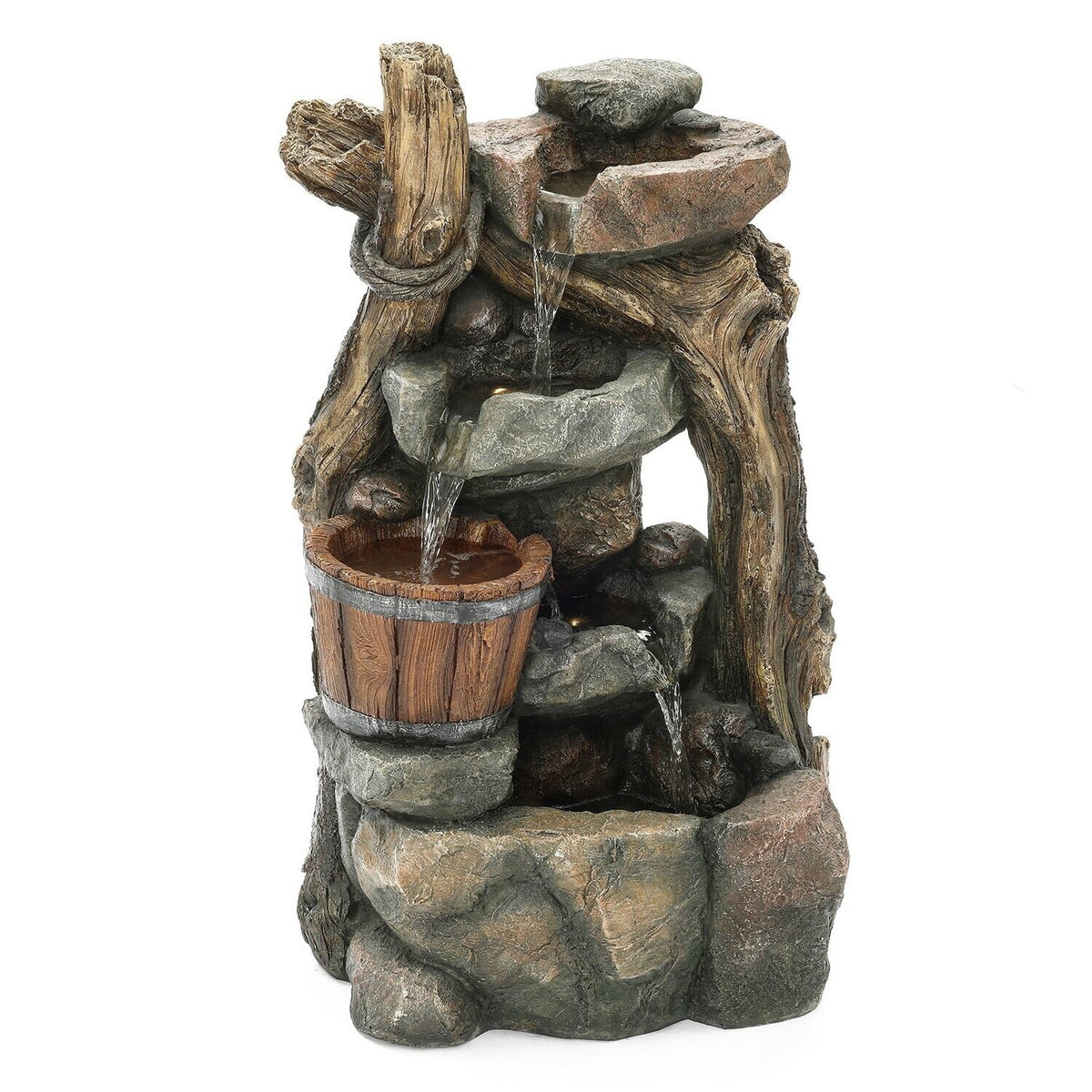 HomeStock Naturally Nice Resin Stacked Rock Wall And Barrel Outdoor Fountain With Led Lights