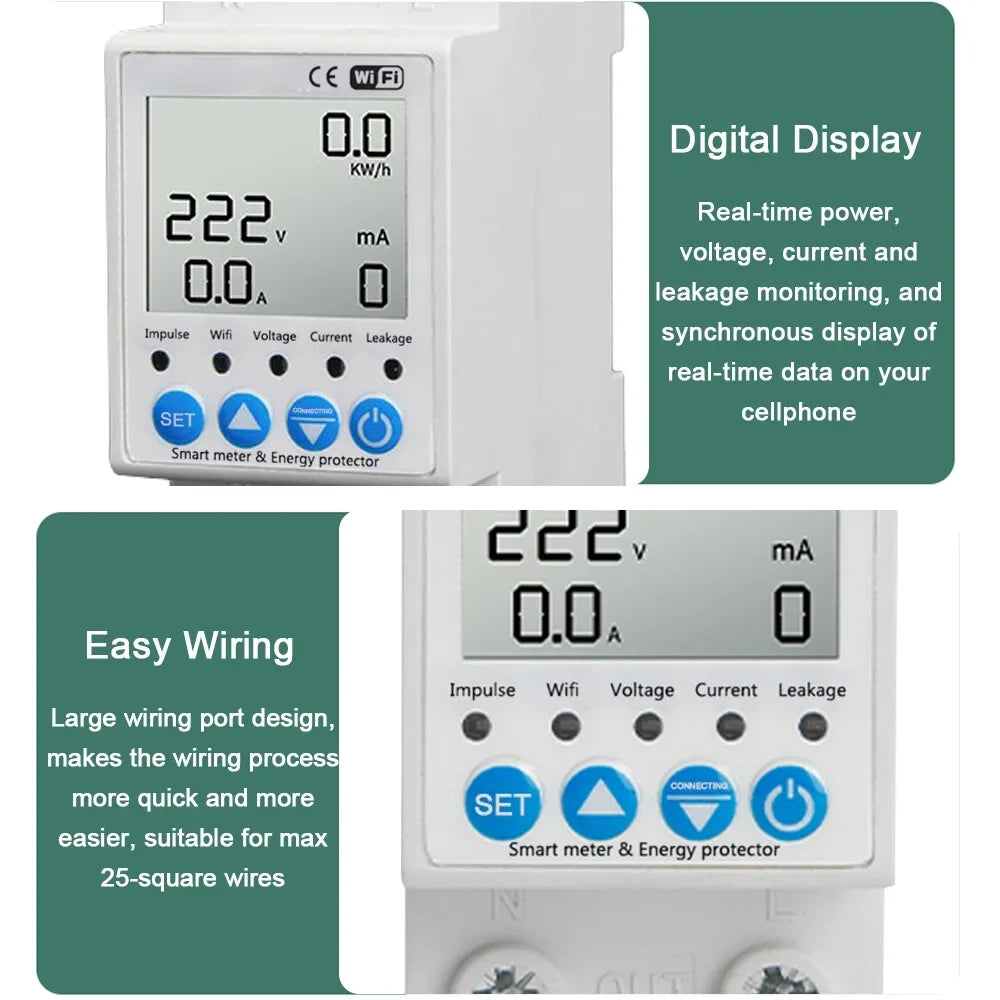 Tuya WiFi Intelligent Leakage Protecting Switch Current Voltage Monitoring Circuit Breaker Timer Function Power Meter suitable with Amazon Alexa and Google home for Voice Control