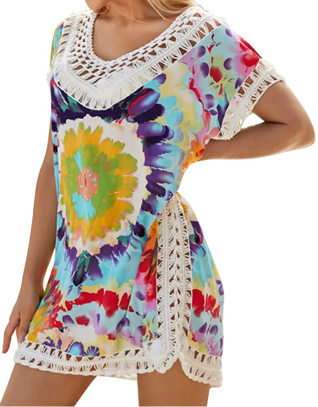 Beach Coverup Dress Floral Print Hollow Out Plus Size Swimwear Bikini Swimsuit protector ups Bathing Suit Coverups