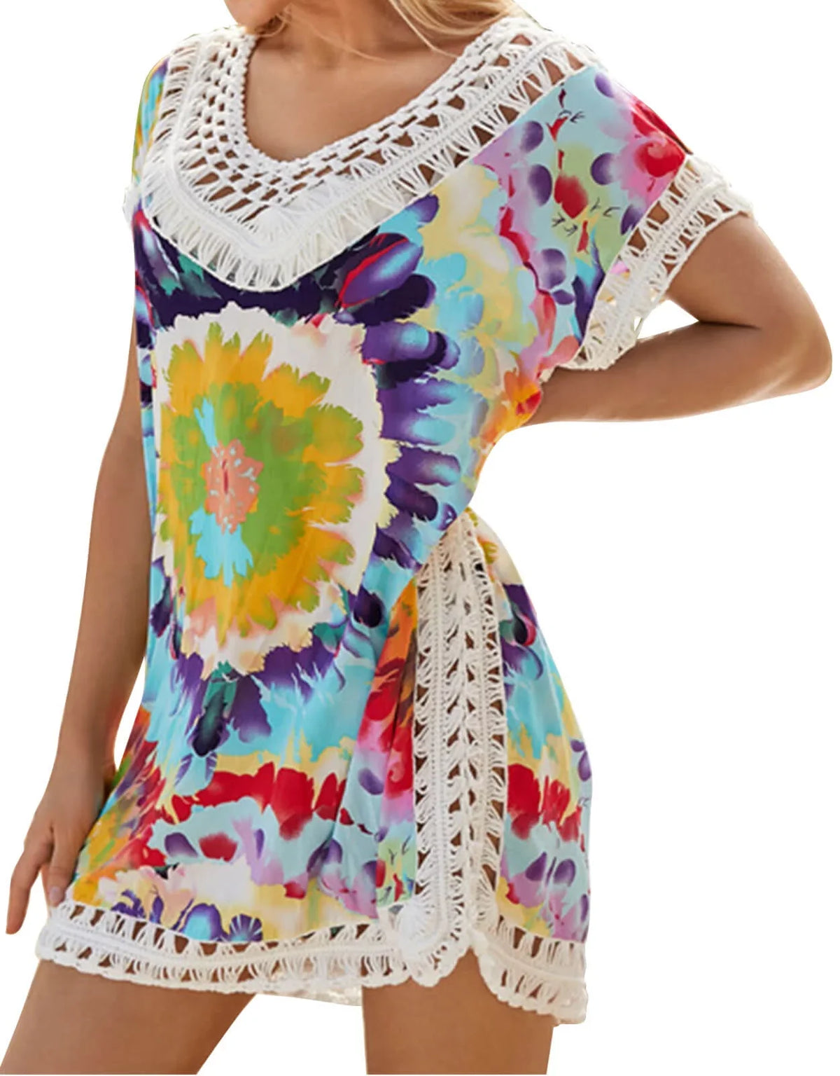 Beach Coverup Dress Floral Print Hollow Out Plus Size Swimwear Bikini Swimsuit protector ups Bathing Suit Coverups