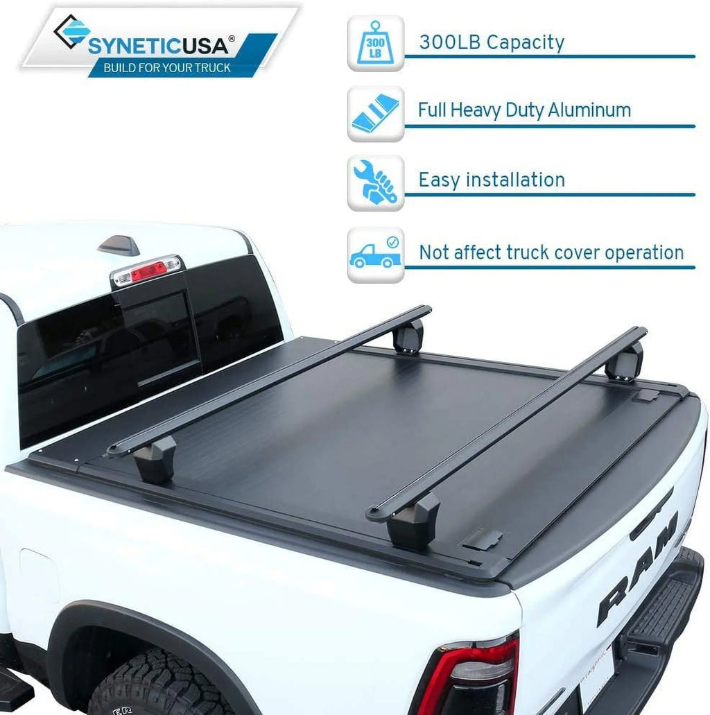 Syneticusa Retractable Hard Tonneau protector with Cross Bars Fits 2019-2022 Ram 1500 5'7" (67.4”) Bed Matte Black Aluminum Low Profile Waterproof Off Road