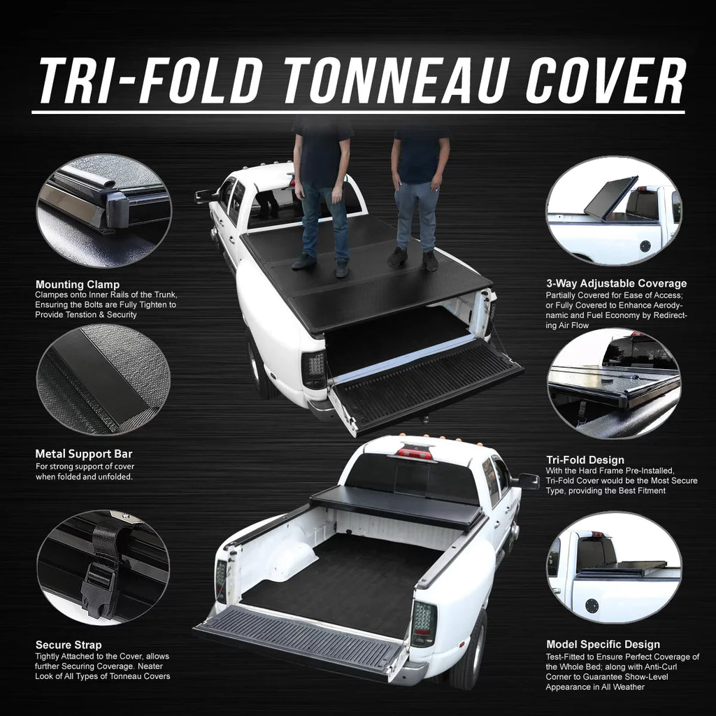DNA Motoring TTC-HARD-028 For 2009 to 2022 Ram Truck 1500 / 3500 Fleetside 6.5Ft Short Bed Hard Solid Tri -Fold Tonneau wrap