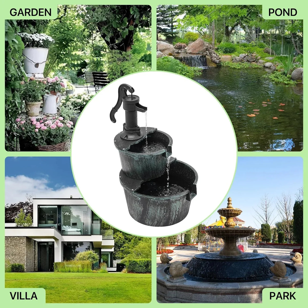 2-Tier Outdoor aqua Fountain Freestanding Rustic Cascading Waterfall Fountain With Electric Pump For Garden Patio Backyard Porch Decor, Teal Blue