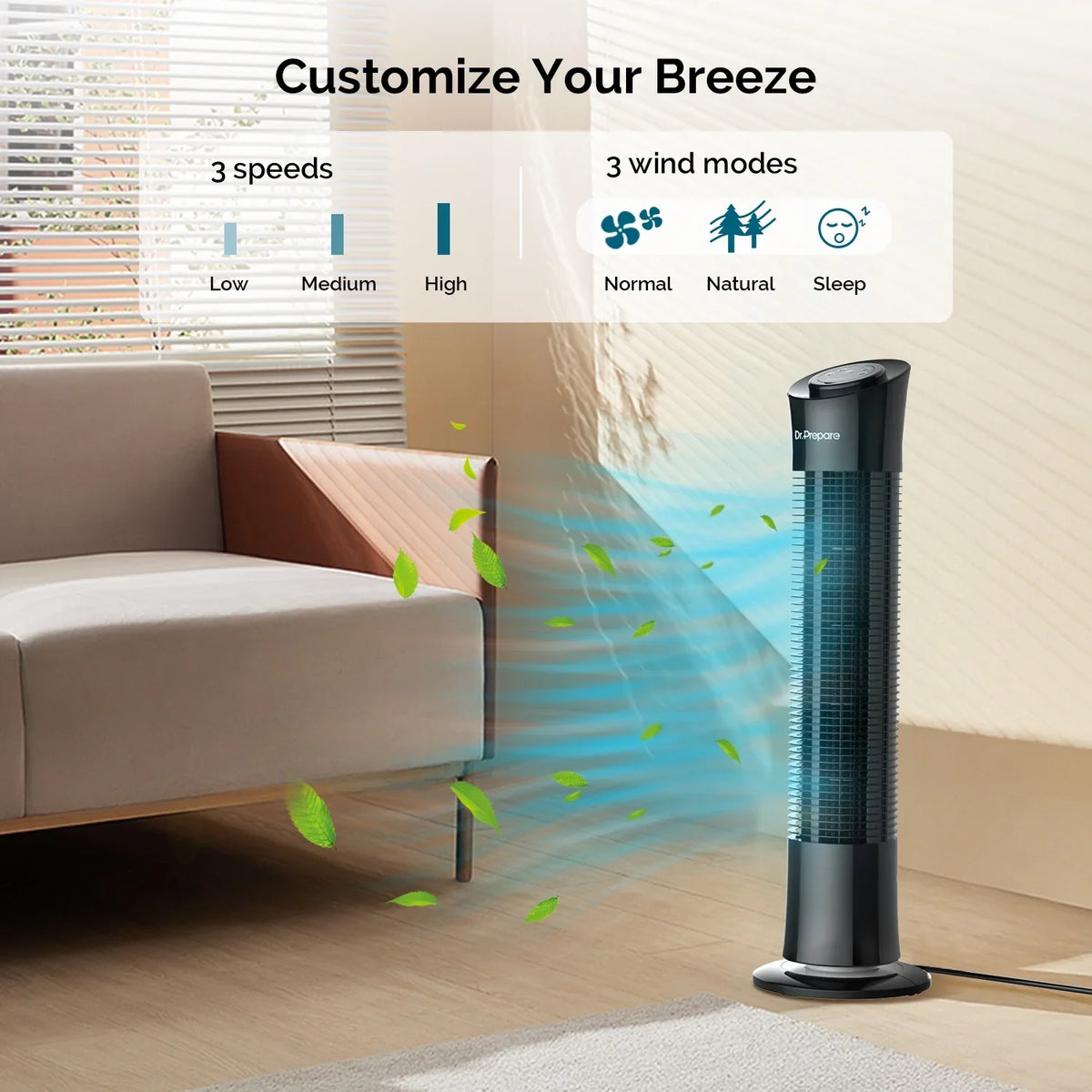 Prepare 30’’ Oscillation Tower Fan，Portable Stand Floor Fans w/Remote/3 Speeds/7.5h Timer for Home/Office. Dr
