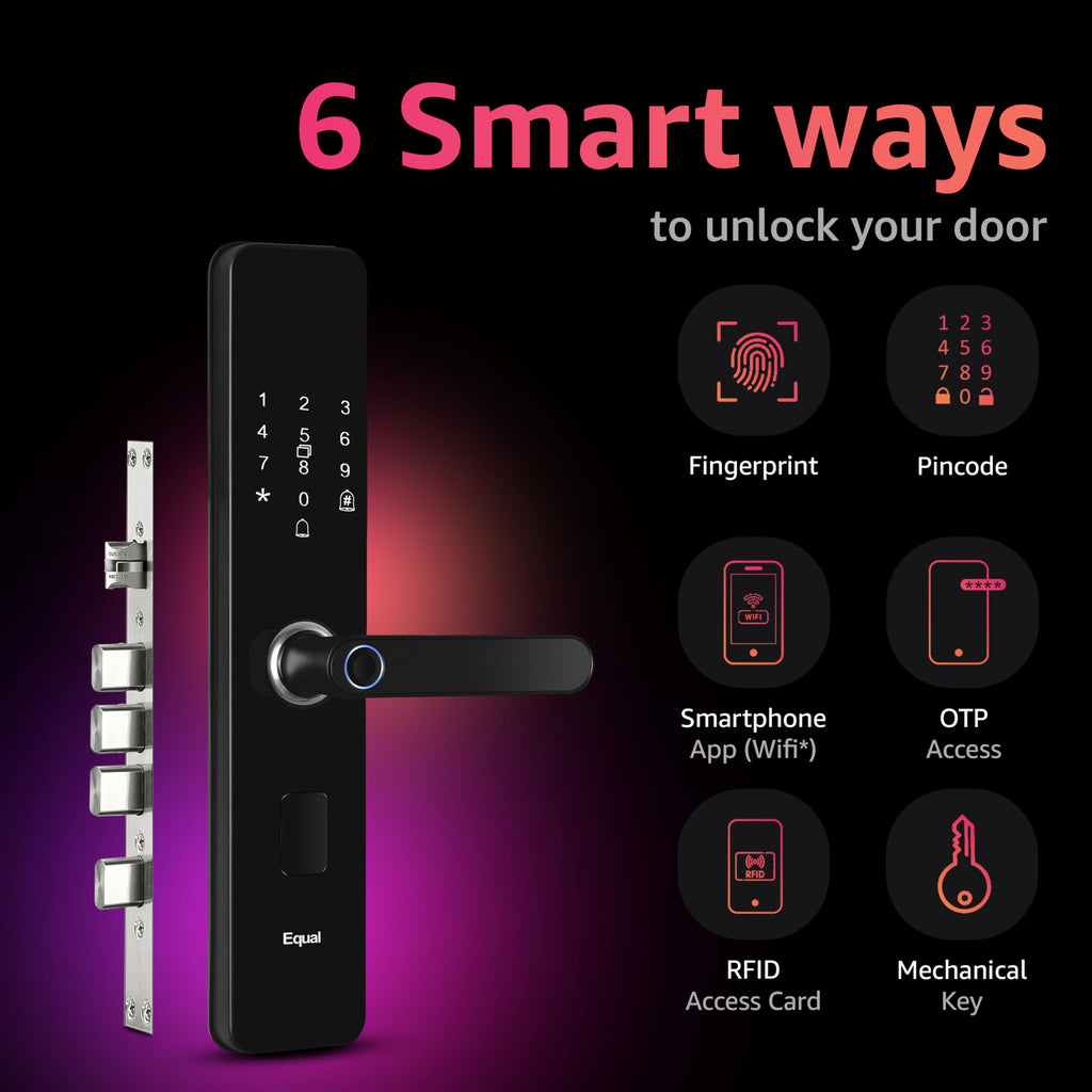 Equal Smart Door Lock A8 Wifi | 6-Way Unlocking | Fingerprint, Pincode, Rfid Access Card, Mechanical Key, Otp Access, Mobile App (Wifi) For Wooden Doors | 1 Year Brand Wa