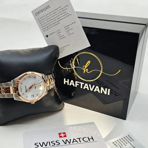 Haftavani – Diamond Queen Bicolour Silver-Rose Gold Stainless Steel Lady Watch -100M Waterproof Quartz - Swiss Made - Marble Face With Genuine Diamonds