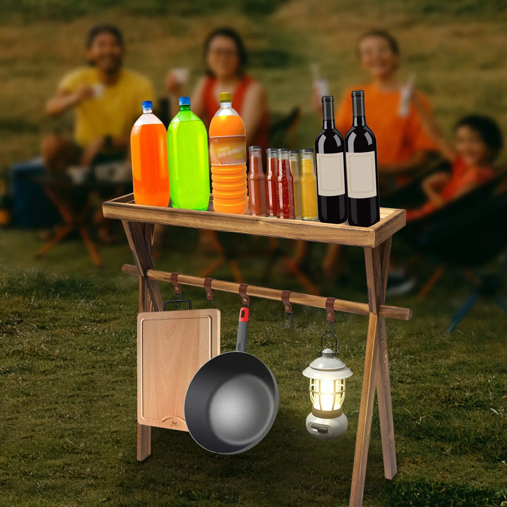 Miumaeov Wooden Portable Picnic Rack Outdoor Grill Rack Storage Table Shelf for Picnic, Camping, BBQ