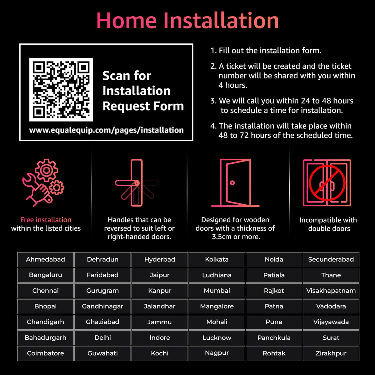 Equal Smart Door Lock A8 Wifi | 6-Way Unlocking | Fingerprint, Pincode, Rfid Access Card, Mechanical Key, Otp Access, Mobile App (Wifi) For Wooden Doors | 1 Year Brand Wa