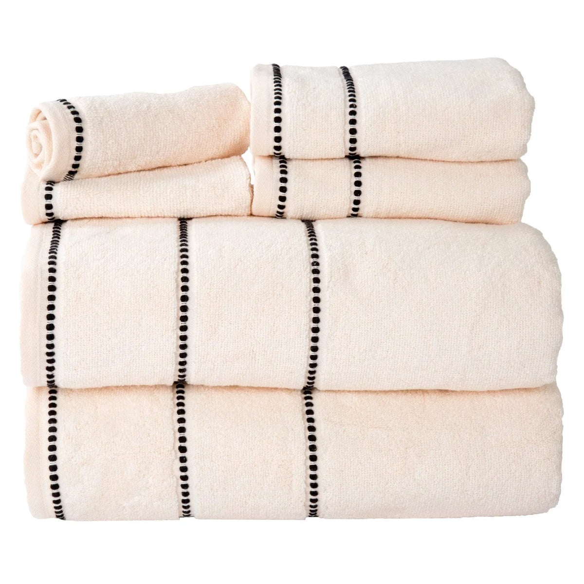 Trademark Global  Luxury Cotton Towel Set- Quick Dry Zero Twist & Soft Set, Bone & Black - 6 Piece