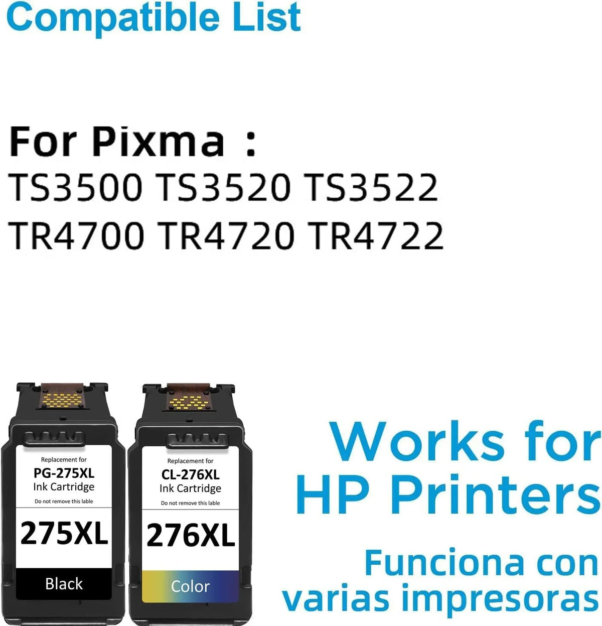 275XL 276XL Ink Cartridge Replacement for  PG-275 CL-276,High Yield for  275 and 276 Multi Pack Ink appropriate for PIXMA TS3520 TS3522 TS3500 TR4720 TR4700 TR4722 Printers(1Black 1 Color)