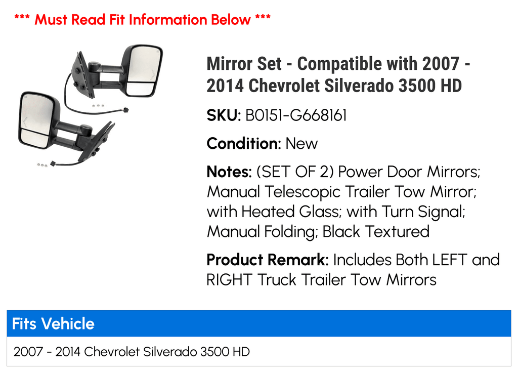 Mirror Set - suitable with 2007 - 2014 Chevy Silverado 3500 HD 2008 2009 2010 2011 2012 2013