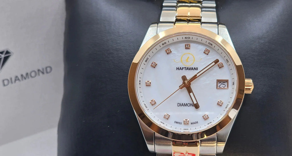 Haftavani – Diamond Queen Bicolour Silver-Rose Gold Stainless Steel Lady Watch -100M Waterproof Quartz - Swiss Made - Marble Face With Genuine Diamonds