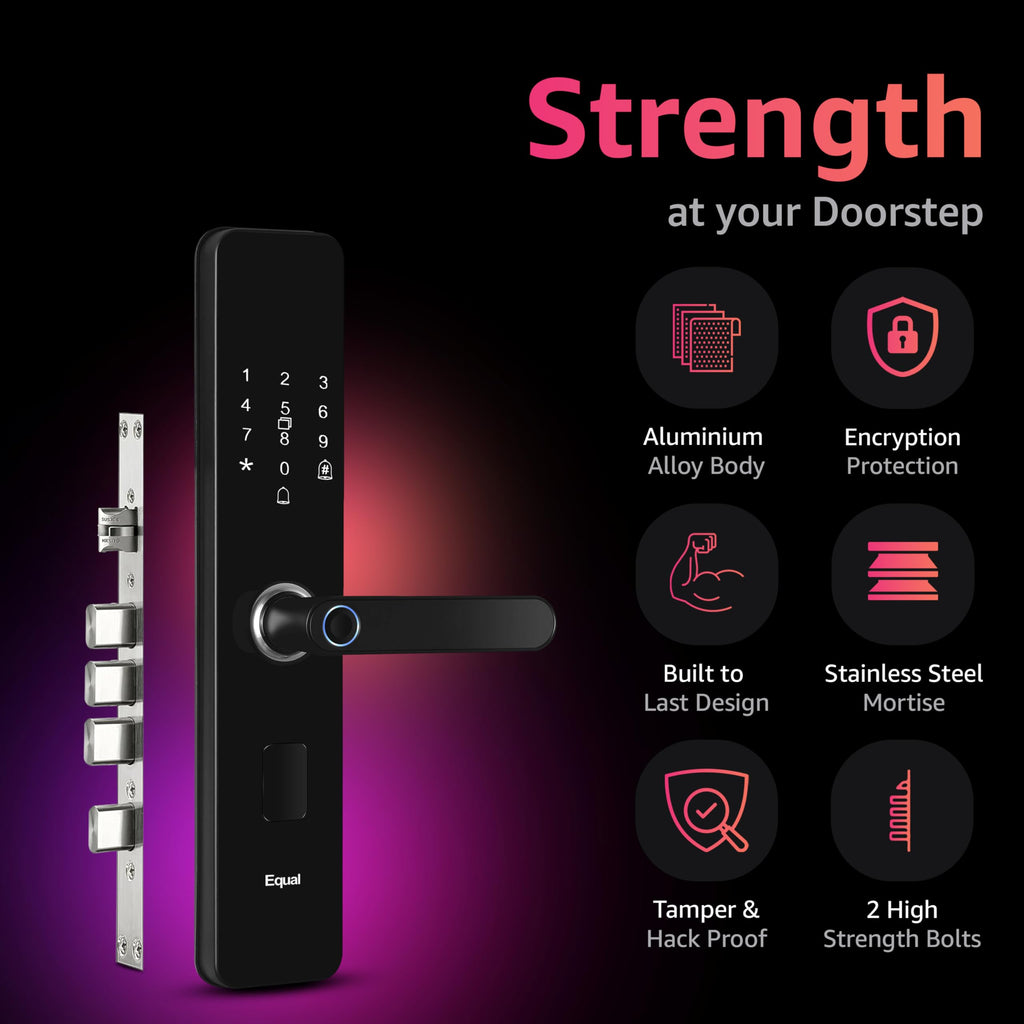 Equal Smart Door Lock A8 Wifi | 6-Way Unlocking | Fingerprint, Pincode, Rfid Access Card, Mechanical Key, Otp Access, Mobile App (Wifi) For Wooden Doors | 1 Year Brand Wa
