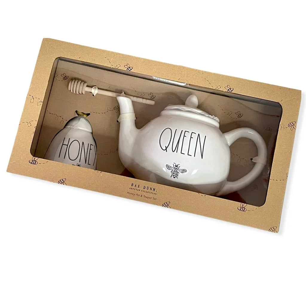 Rae Dunn By Magenta Queen Teapot 59.2 oz and Honey Pot Jar 11.5 oz Gift Set