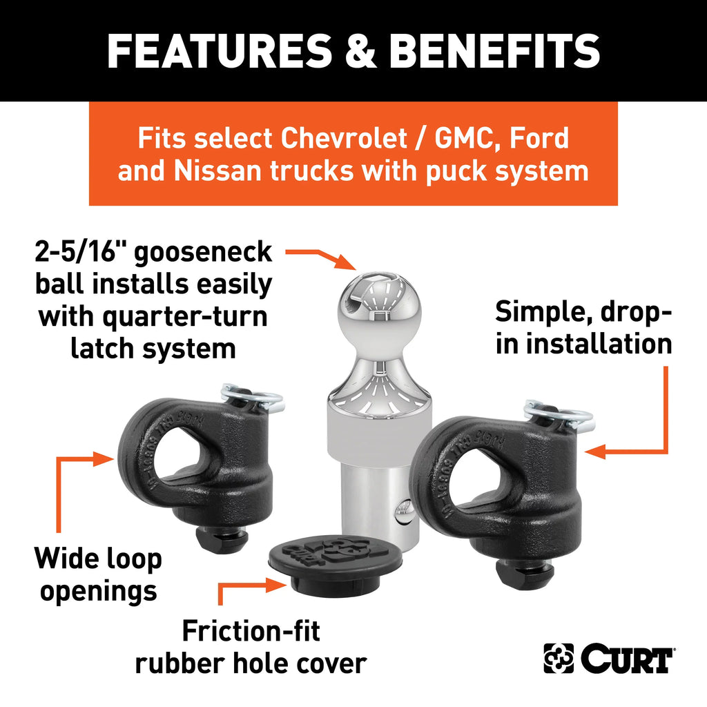 CURT Mfg 60692 OEM-matching Gooseneck Ball & Safety Chain Anchor Kit for GM - Fits GM pickup trucks with factory tow packages | Includes storage case and rubber hole wrap