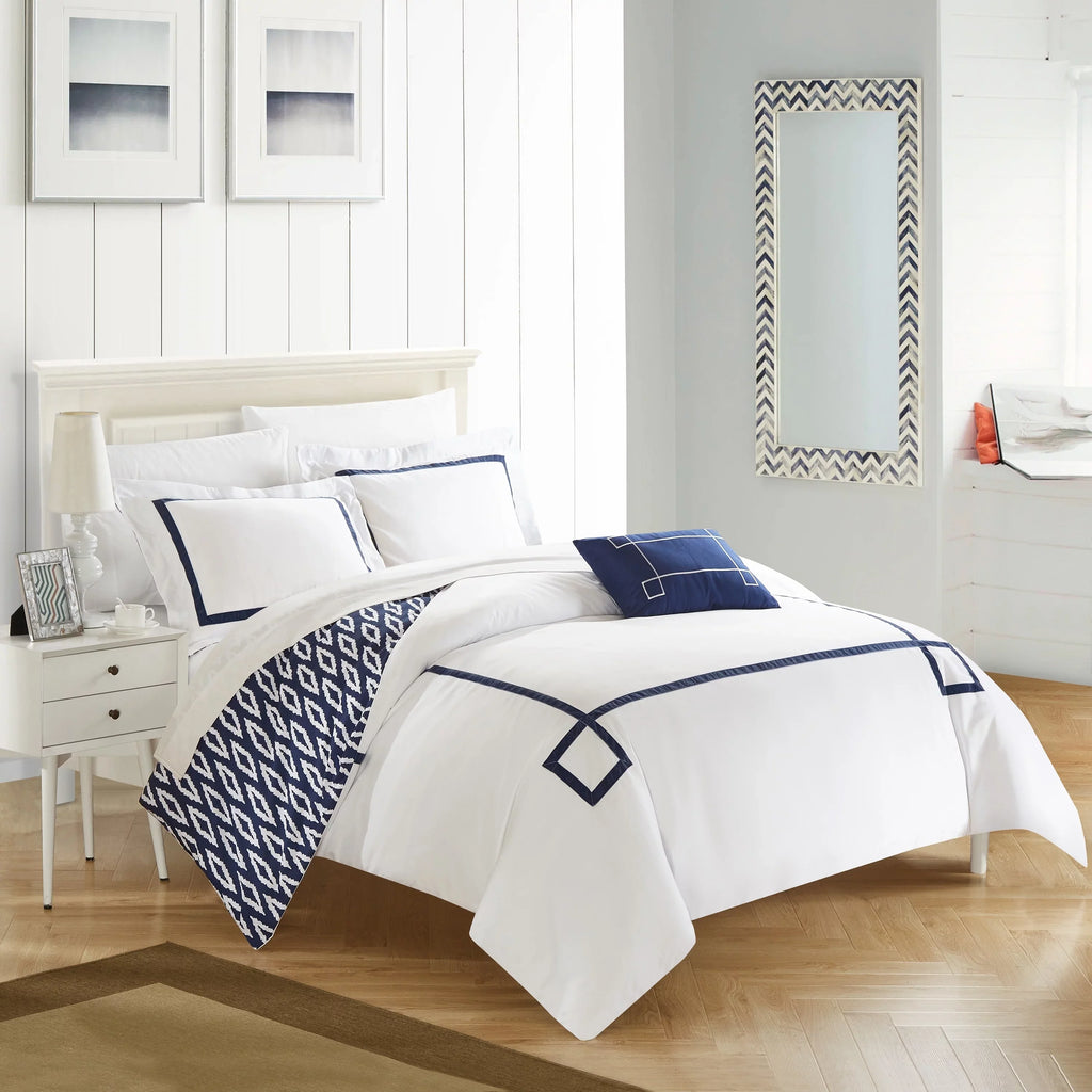 Chic Home 4 Piece Kendall Contemporary Greek Key Embroidered Reversible King Duvet wrap Set Aqua Shams and Decorative Pillows Included