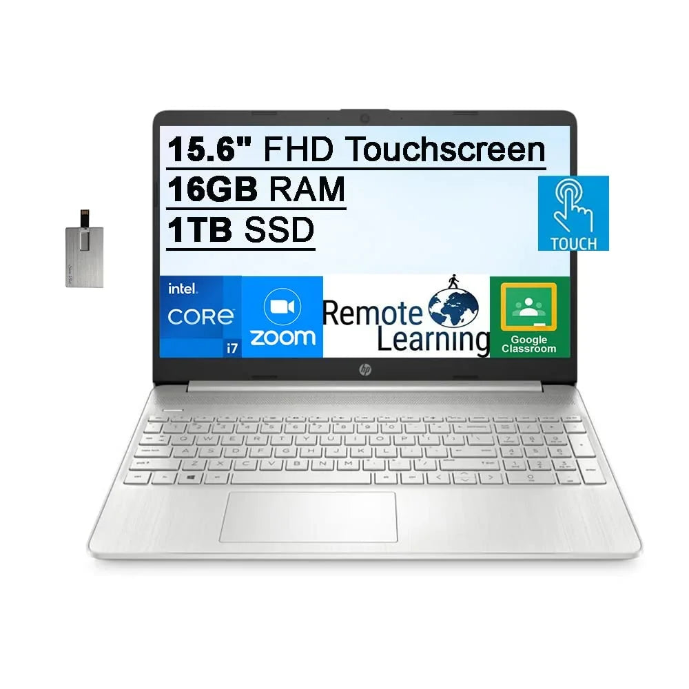 2021 15.6" FHD IPS Touchscreen Laptop Computer,  Core i7-1165G7 (Beats i7-1065g7), 16GB RAM, 1TB SSD,  Iris Xe Graphics, HD Webcam, HD Audio, Windows 11 S, Silver, 32GB SnowBell USB Card