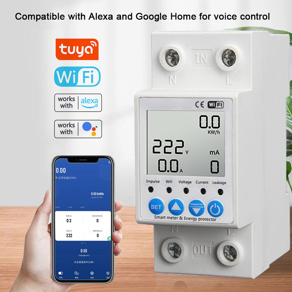 Tuya WiFi Intelligent Leakage Protecting Switch Current Voltage Monitoring Circuit Breaker Timer Function Power Meter suitable with Amazon Alexa and Google home for Voice Control