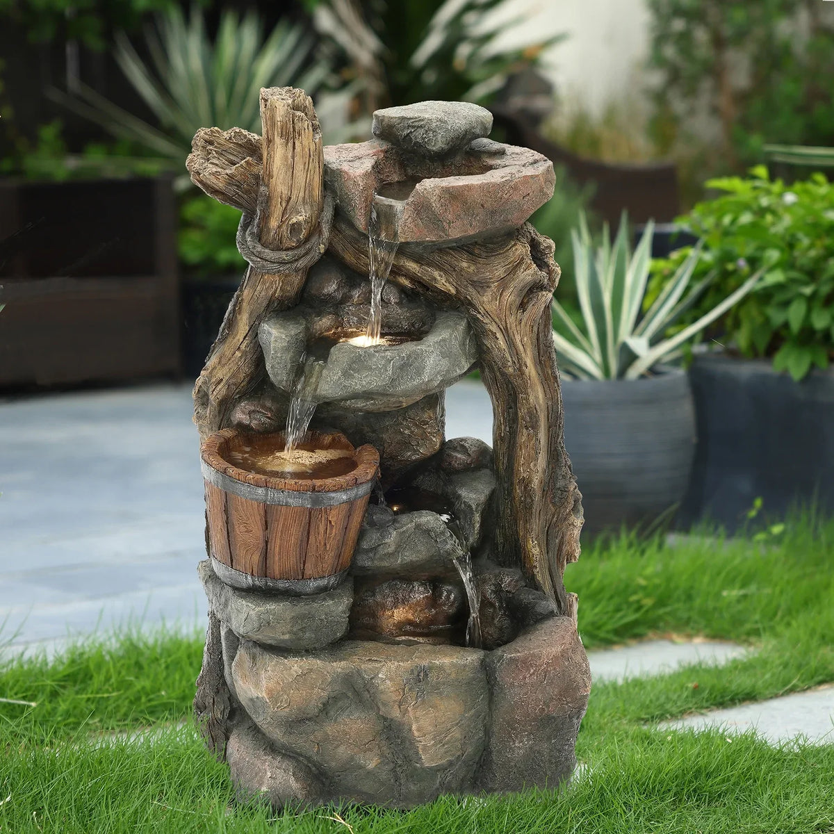 HomeStock Naturally Nice Resin Stacked Rock Wall And Barrel Outdoor Fountain With Led Lights