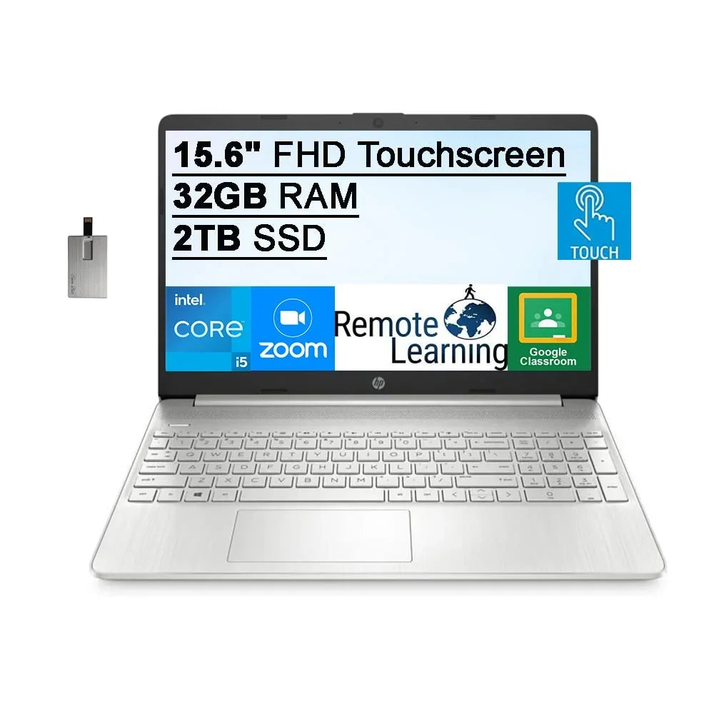 2021 15.6" FHD IPS Touchscreen Laptop Computer,  Core i5-1135G7 (Beats i7-1065g7), 32GB RAM, 2TB SSD,  Iris Xe Graphics, HD Webcam, HD Audio, Windows 11S, Silver, 32GB SnowBell USB Card