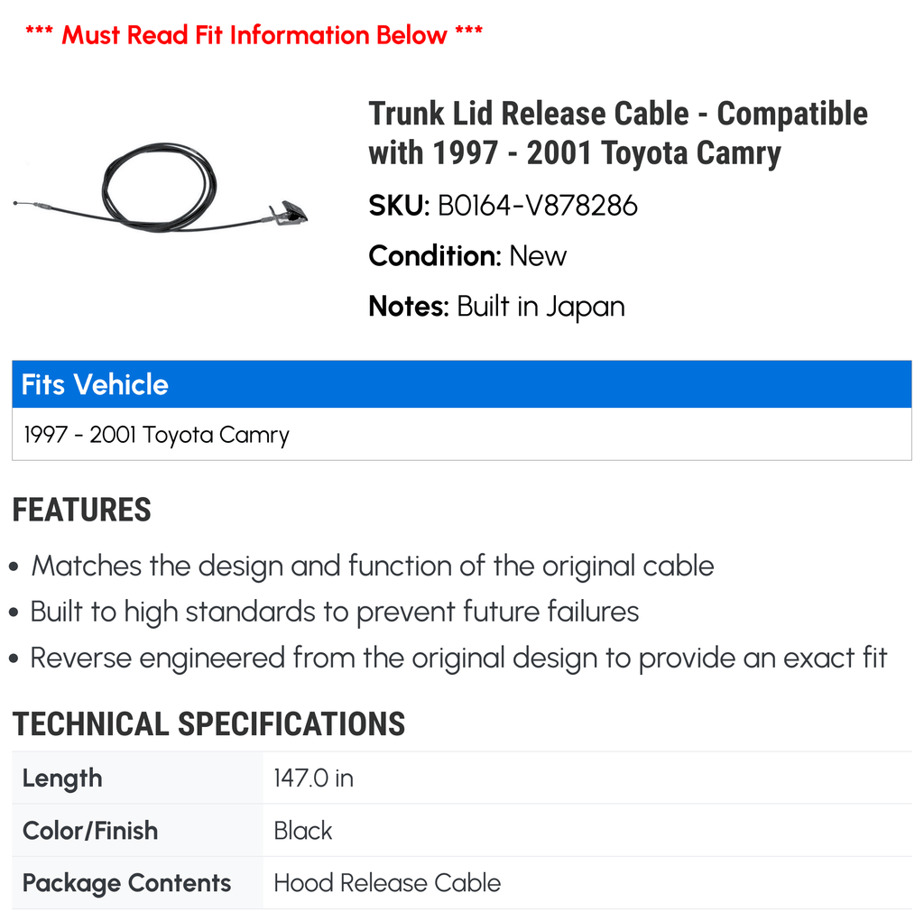 Trunk Lid Release Cable - appropriate with 1997 - 2001  Camry 1998 1999 2000