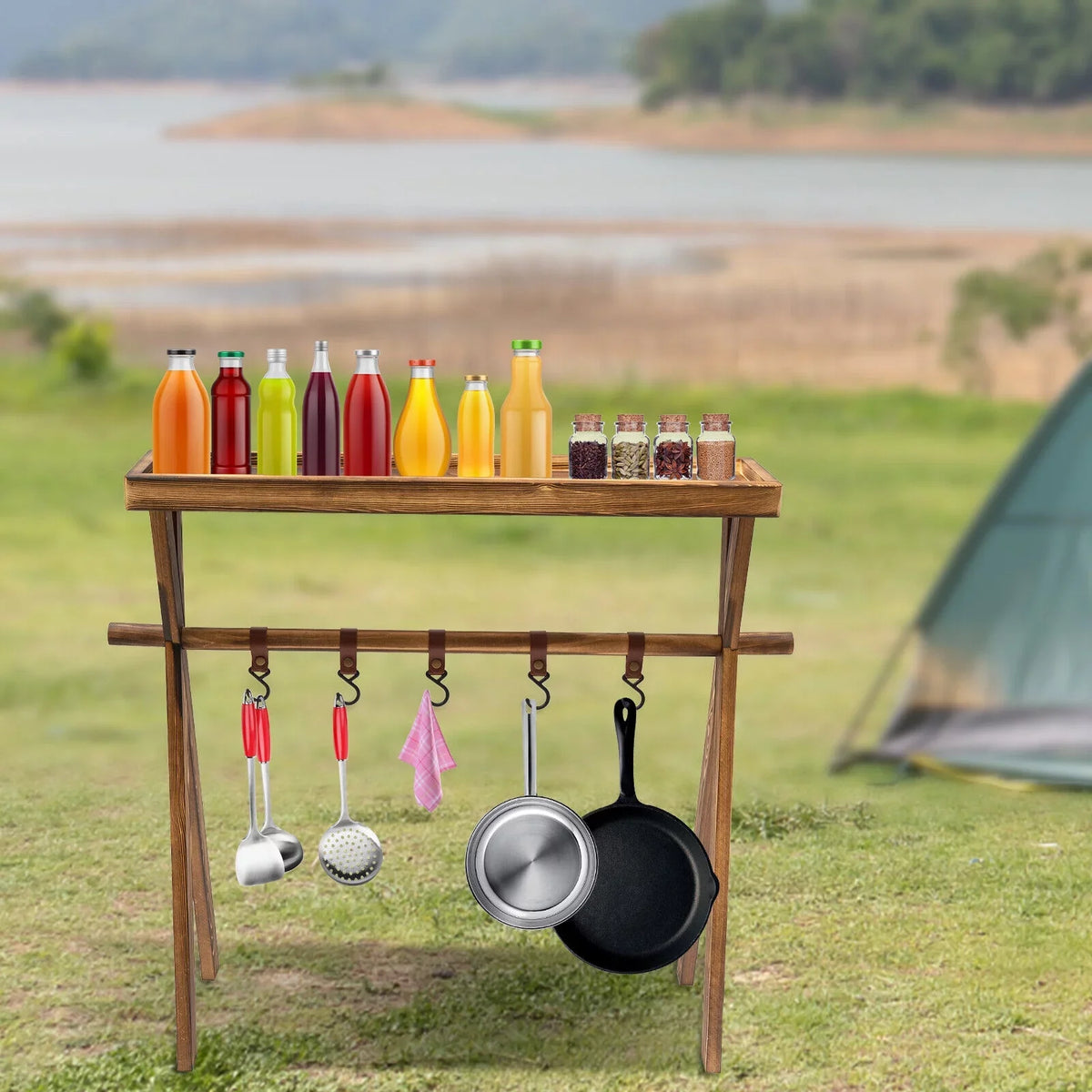 Miumaeov Wooden Portable Picnic Rack Outdoor Grill Rack Storage Table Shelf for Picnic, Camping, BBQ