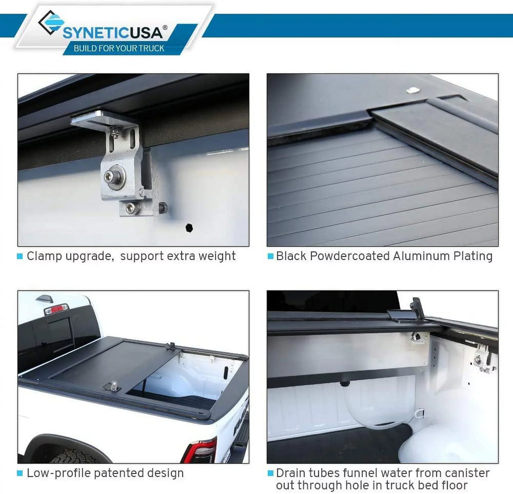 Syneticusa Retractable Hard Tonneau protector with Cross Bars Fits 2019-2022 Ram 1500 5'7" (67.4”) Bed Matte Black Aluminum Low Profile Waterproof Off Road