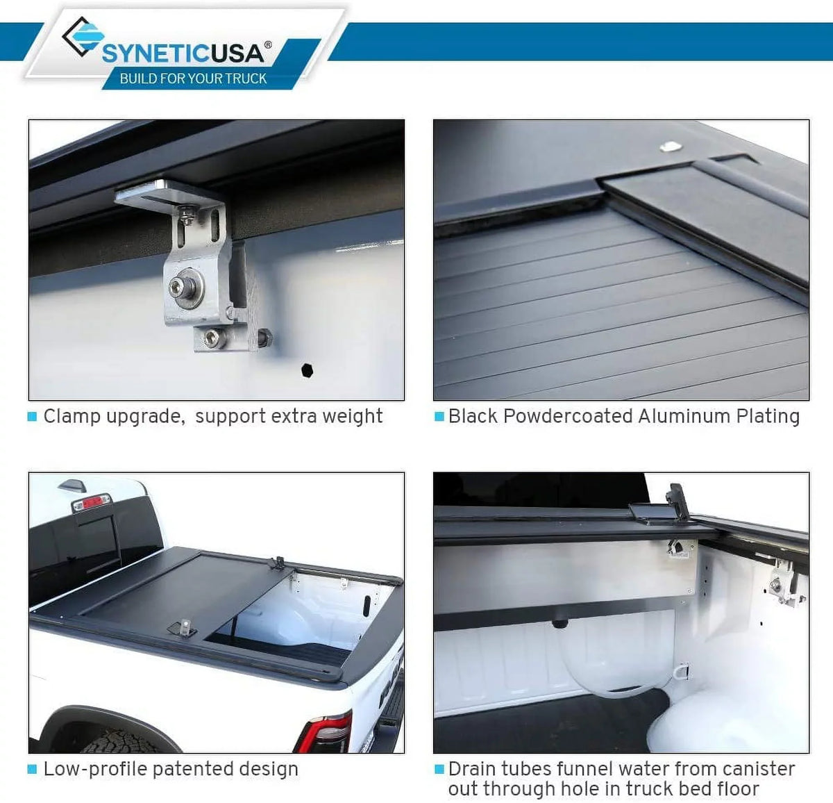 Syneticusa Retractable Hard Tonneau protector with Cross Bars Fits 2019-2022 Ram 1500 5'7" (67.4”) Bed Matte Black Aluminum Low Profile Waterproof Off Road