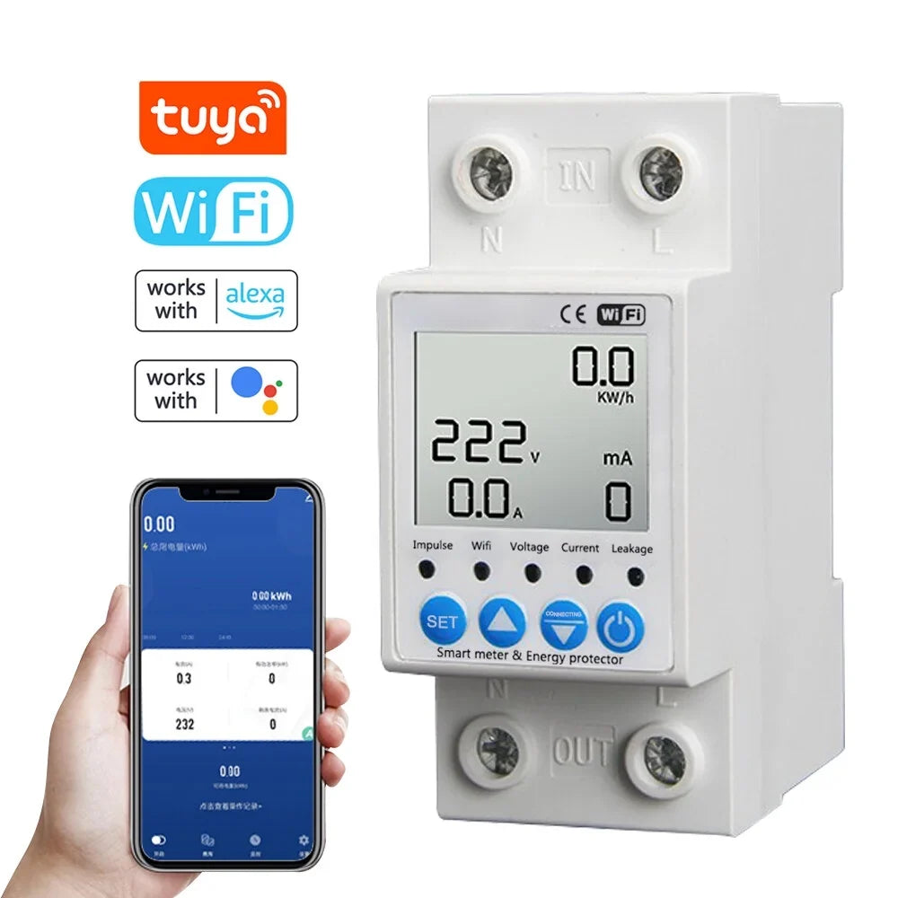 Tuya WiFi Intelligent Leakage Protecting Switch Current Voltage Monitoring Circuit Breaker Timer Function Power Meter suitable with Amazon Alexa and Google home for Voice Control