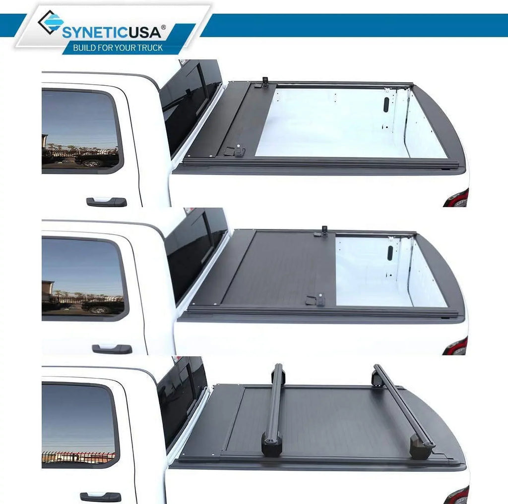 Syneticusa Retractable Hard Tonneau protector with Cross Bars Fits 2019-2022 Ram 1500 5'7" (67.4”) Bed Matte Black Aluminum Low Profile Waterproof Off Road