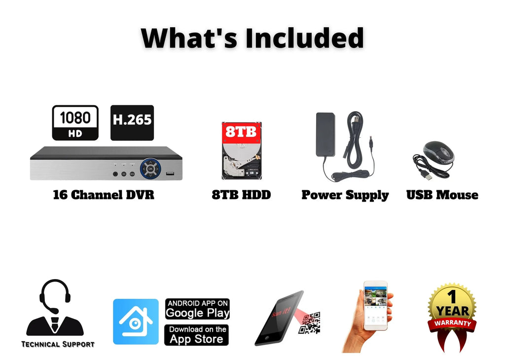 Evertech 16 Channel Hybrid DVR 1080P Security Camera Recorder with 8TB HDD matching with AHD TVI CVI Analog Cameras