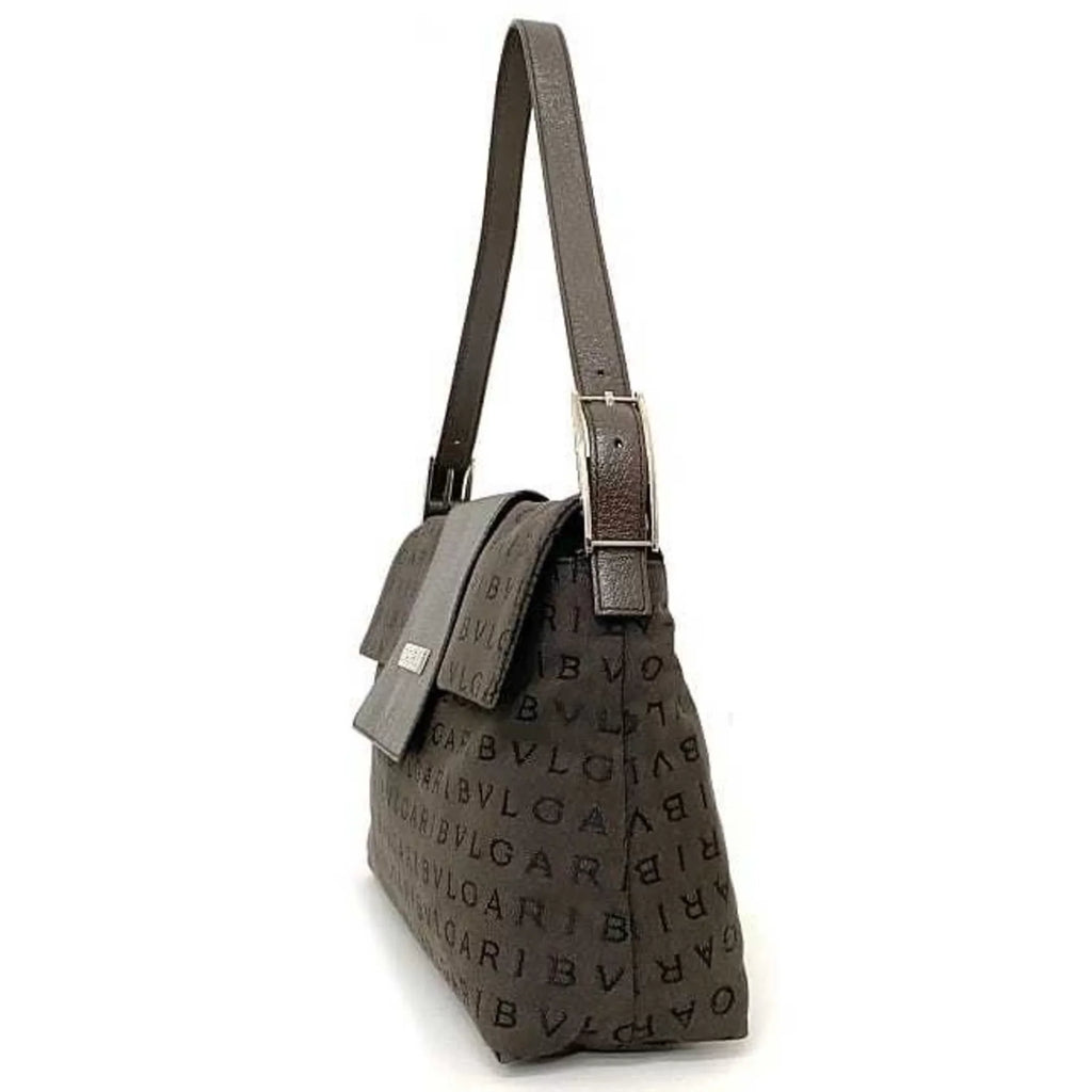 Pre-Owned Bvlgari Bag Brown Mania Canvas Leather BVLGARI One Shoulder Handbag Flap Plate (Good)